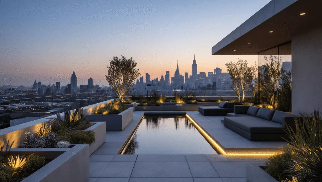 "Minimalist rooftop garden with sculptural succulents, sleek reflecting pool, and LED-illuminated pathways at dusk, with city skyline silhouette in background"
