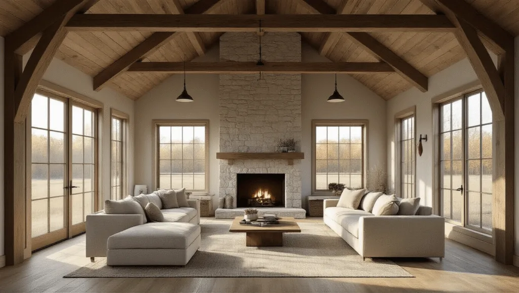 "Cozy barn house interior with vaulted ceiling, exposed beams, neutral-toned furniture, stone fireplace, oak floors, and morning light streaming through large windows."