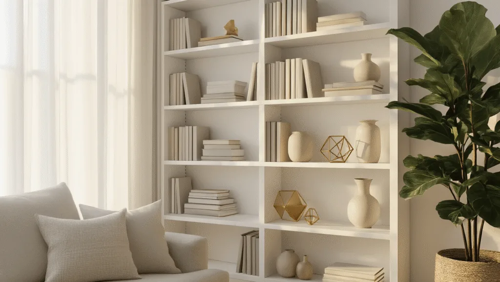 "White minimalist bookshelf in Scandinavian living room with neutral books, ceramics, brass décor, and fiddle leaf fig plant during golden hour"