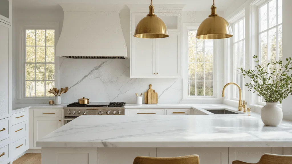 "Modern kitchen with white shaker cabinets, marble backsplash, brass fixtures, and natural light"