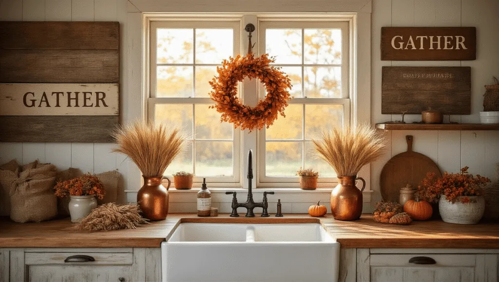 "Cozy rustic farmhouse kitchen with autumn decor, wooden signs, and copper accents in soft golden hour lighting."