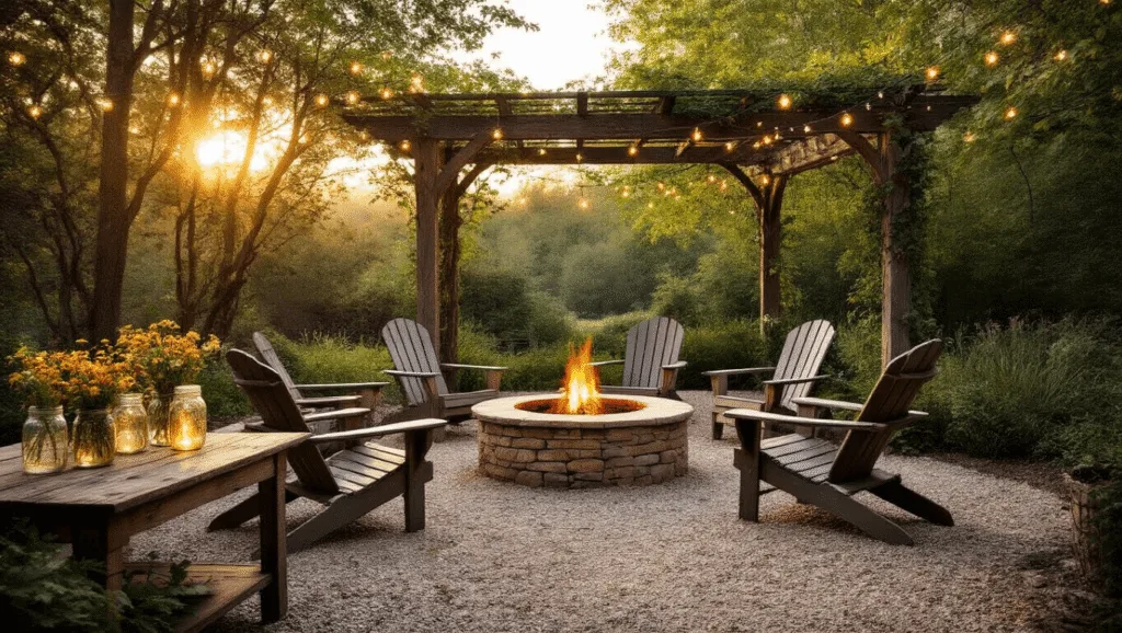 "Rustic backyard retreat with stone fire pit, Adirondack chairs, pergola with string lights, and gravel pathways at golden hour"