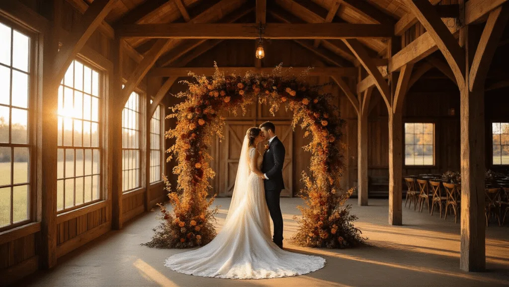 "Rustic barn wedding venue with wooden beams, floral arch in autumnal colours lit by golden hour sunlight"