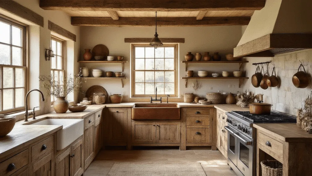 "Rustic farmhouse kitchen with wooden beams, stone countertops, copper sink, and vintage kitchenware bathed in warm morning light"