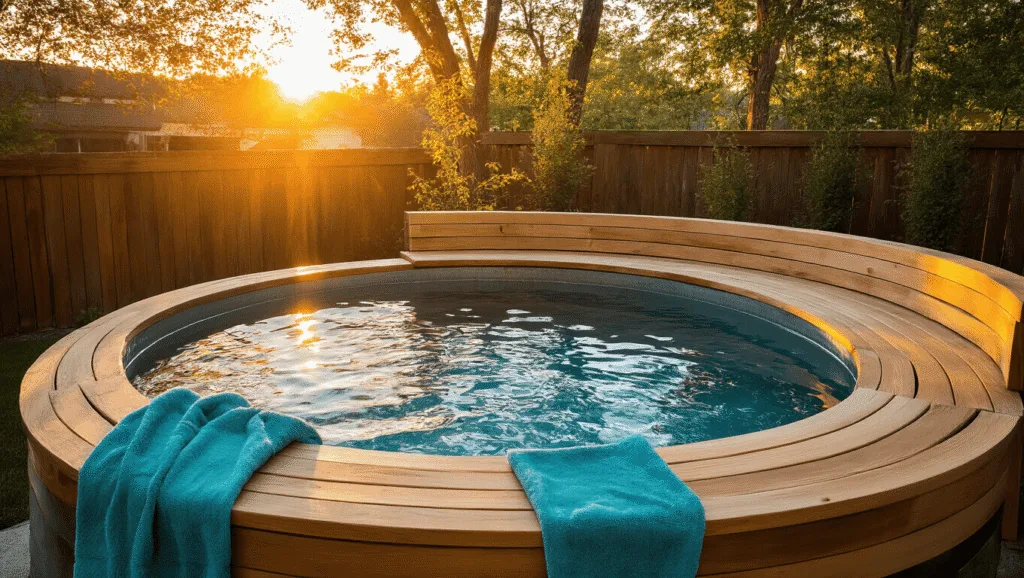 "Golden hour backyard scene with a galvanized stock tank pool, curved cedar bench, and turquoise towel in warm sunset light"
