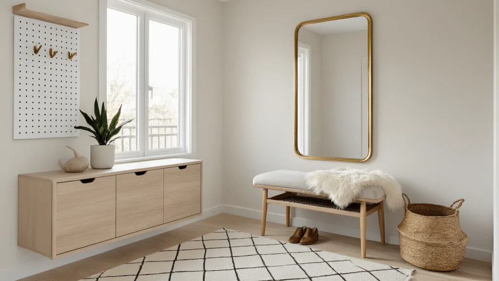 "Bright and minimalist entryway with oak shoe cabinet, mirror, bench, pegboard, rug, and small plant"
