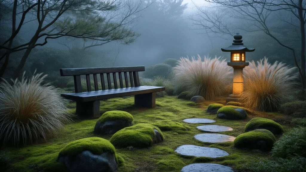 "Twilight in a serene Japanese wabi-sabi garden with moss-covered stones, a weathered bench, native grasses, and a glowing lantern in a misty atmosphere."