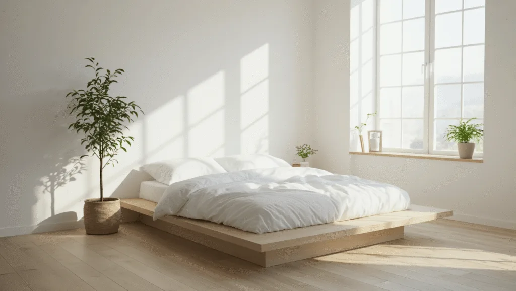 "Minimalist Zen bedroom with white linens, wooden floors, and natural light"
