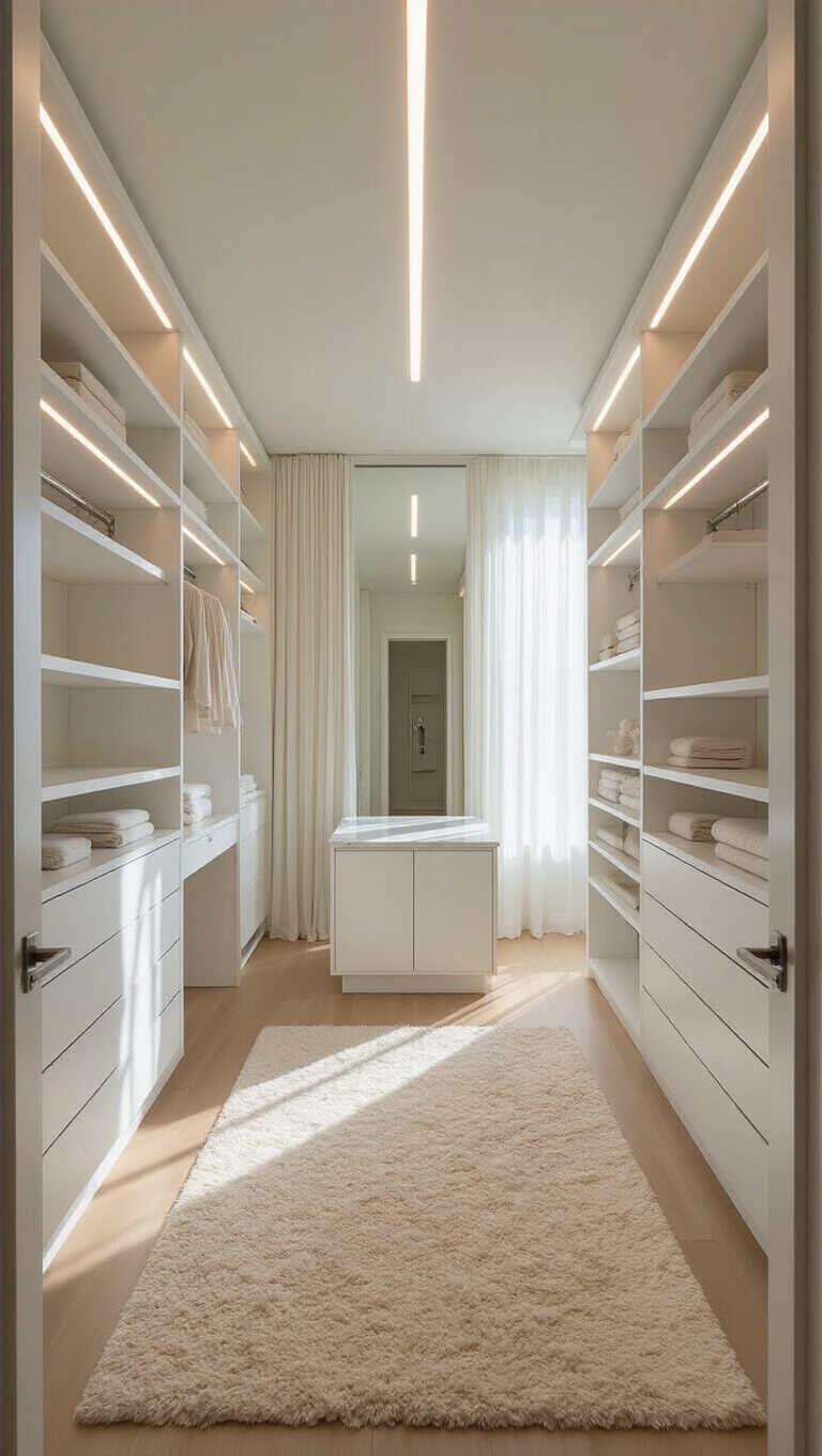 Modern minimalist walk-in closet with white shelving, marble island, and soft morning light through sheer curtains.