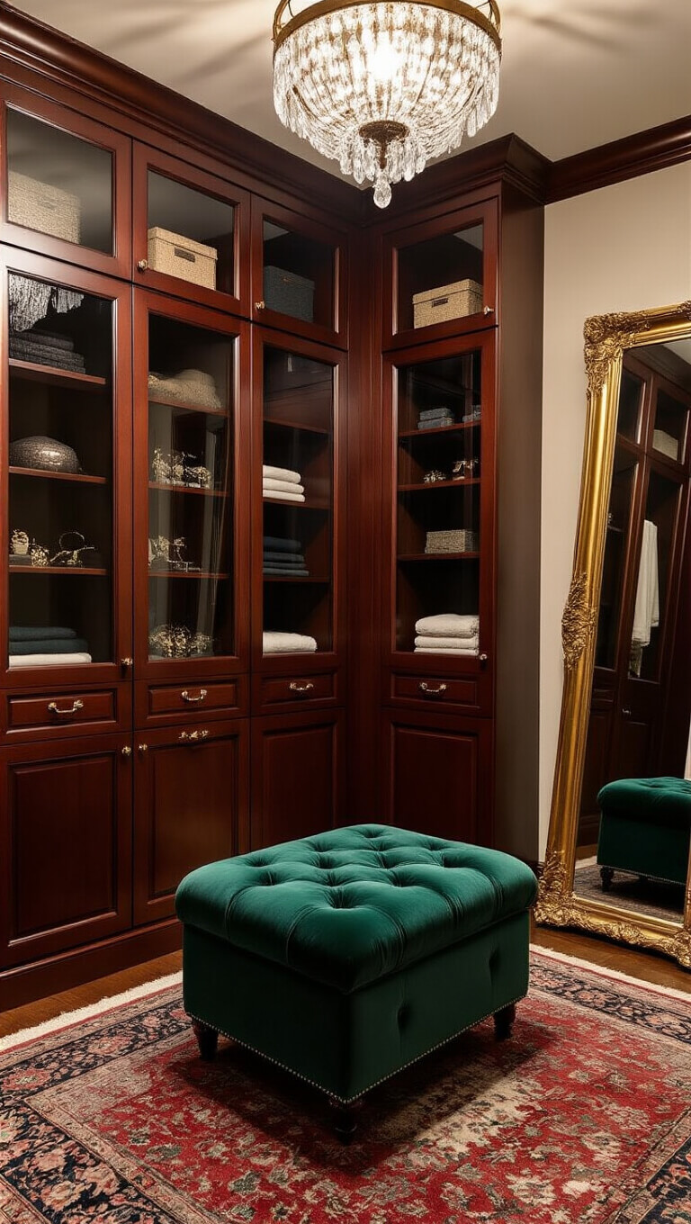 Luxurious closet nook with mahogany built-ins, emerald velvet ottoman on Persian rug, crystal chandelier lighting, and gilded floor mirror in cozy early evening glow.