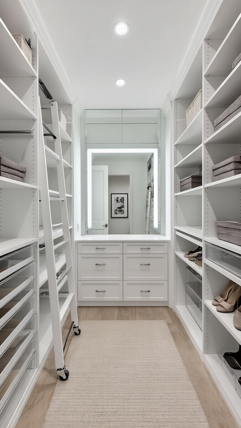 Organized 8x10 ft closet with white floor-to-ceiling shelving, clear acrylic drawers, rolling ladder, LED-lit vanity, pull-out racks, and lucite console.