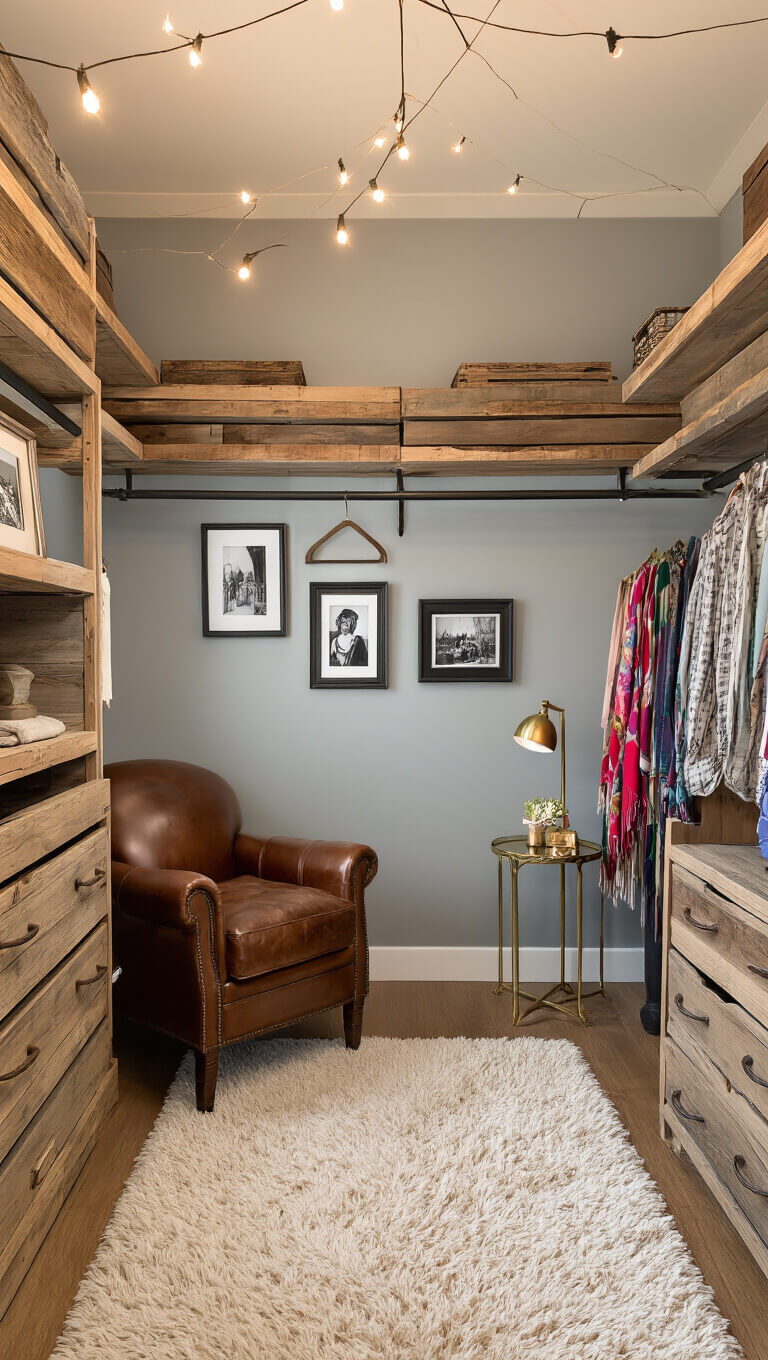Cozy 5x7 ft walk-in closet with reclaimed wood shelves, vintage leather armchair on ivory rug, string lights, and golden hour lighting.