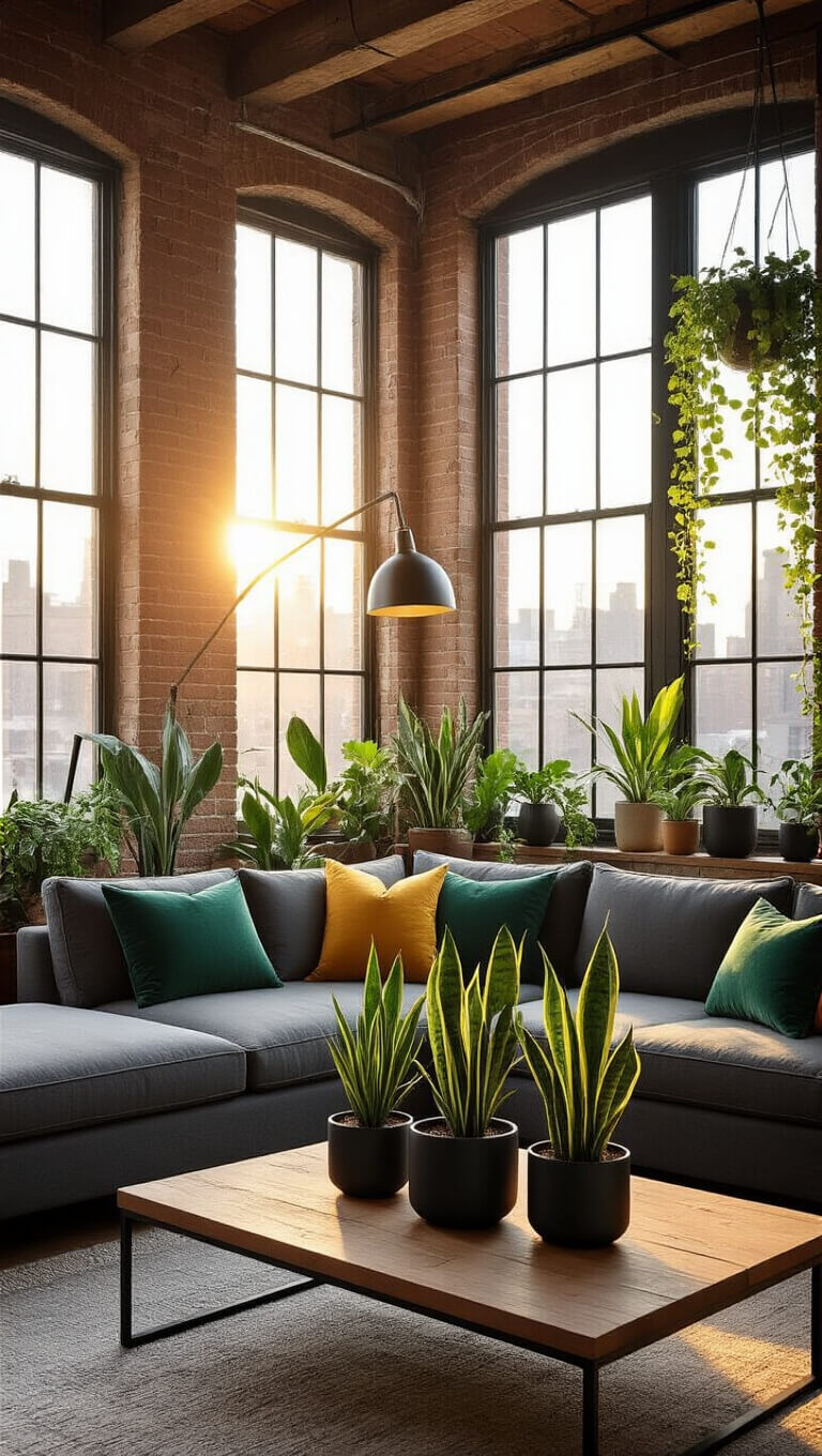 Sunlit urban loft living room with exposed brick walls, large industrial windows, charcoal gray sectional with green and yellow pillows, snake plants on a reclaimed wood coffee table, trailing pothos from a high shelf, and warm natural light illuminating earth tones and greenery.