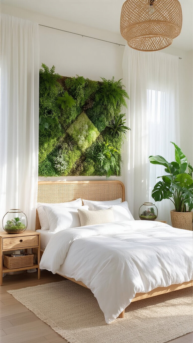 Cozy bedroom with king-size bed, white linens, living plant wall, succulents on nightstands, and a monstera in a rattan chair by soft-lit window.