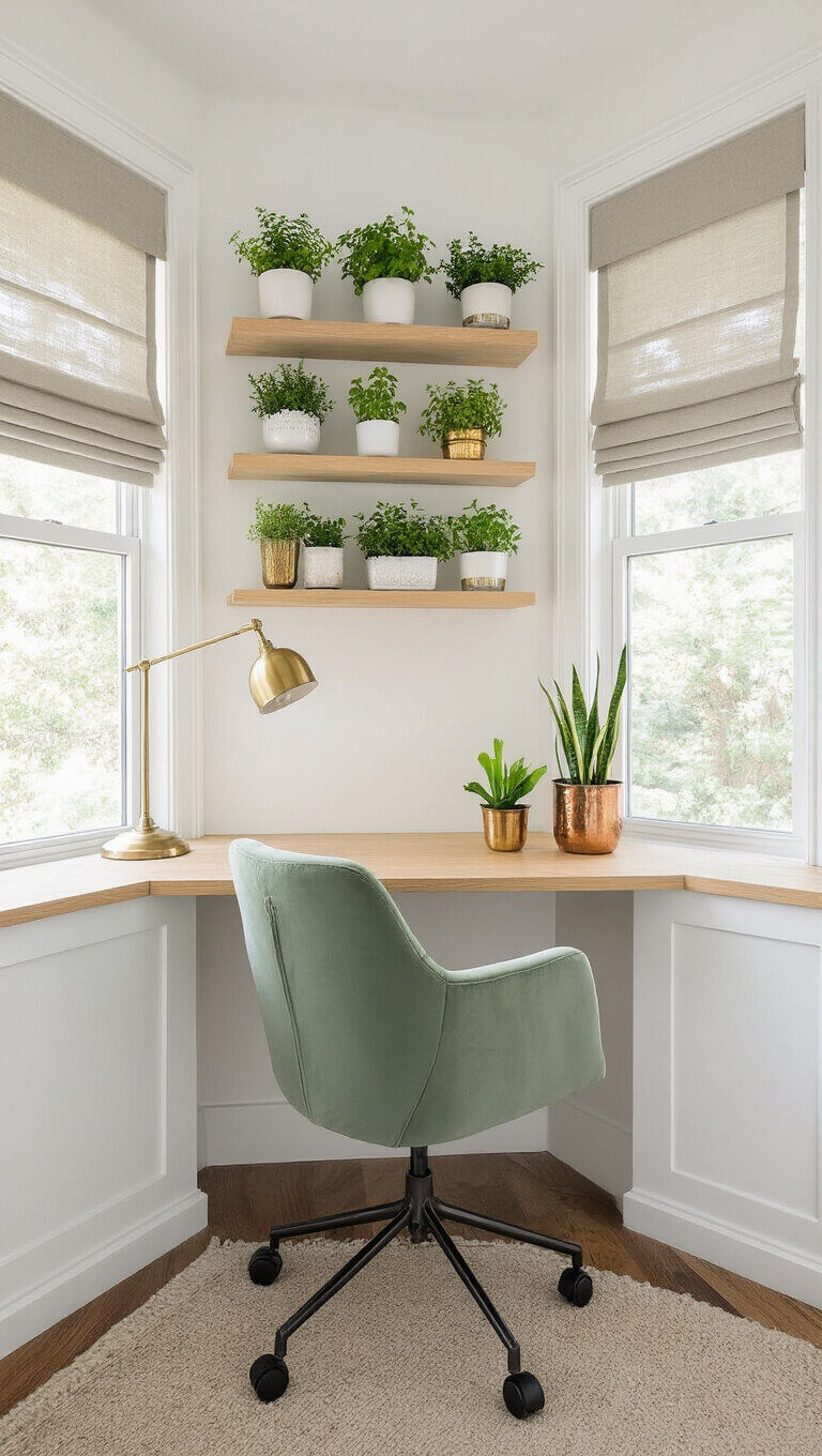 Compact home office nook with floating ash wood desk, green velvet chair, and potted plants in a sunlit bay window alcove.