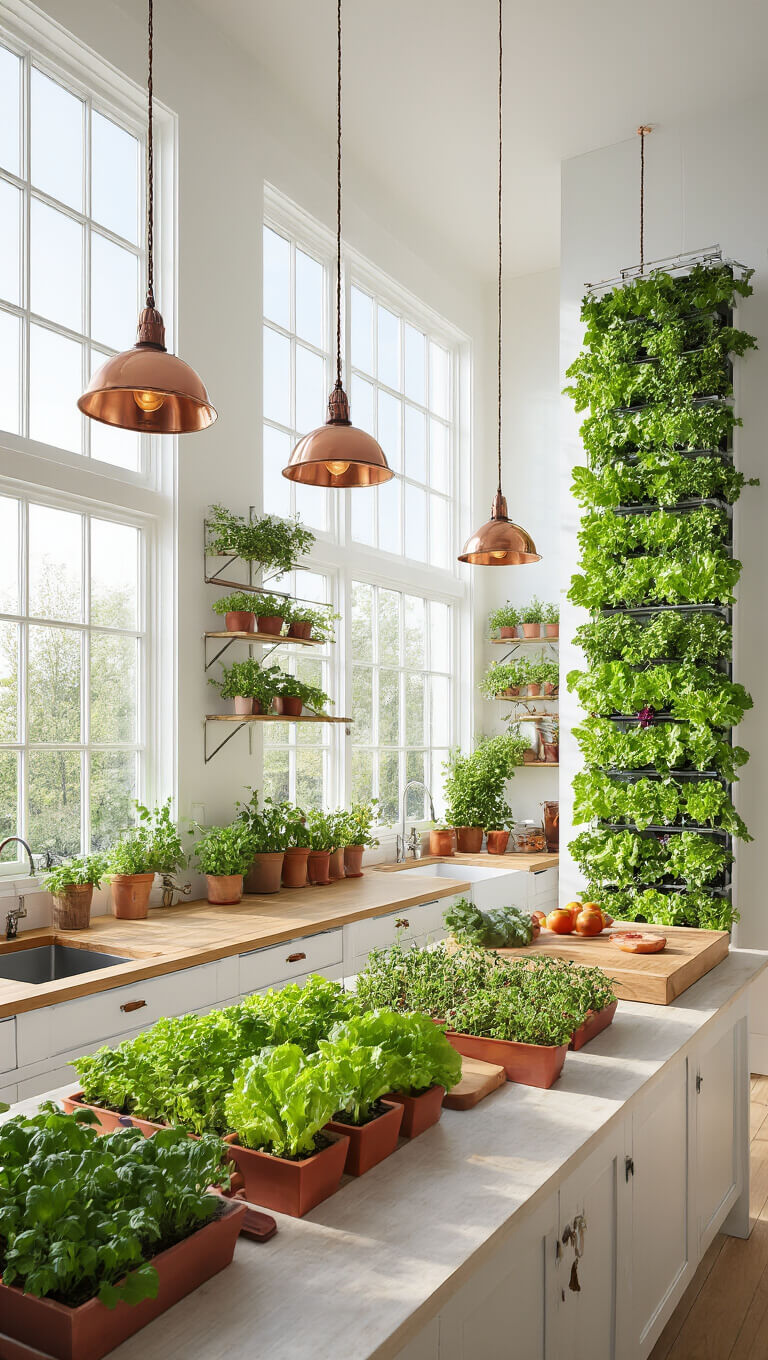 Wide-angle view of a modern 15'x20' kitchen with high ceilings, south-facing windows, a butcher block island, indoor herb garden, hydroponic wall, and warm natural lighting.
