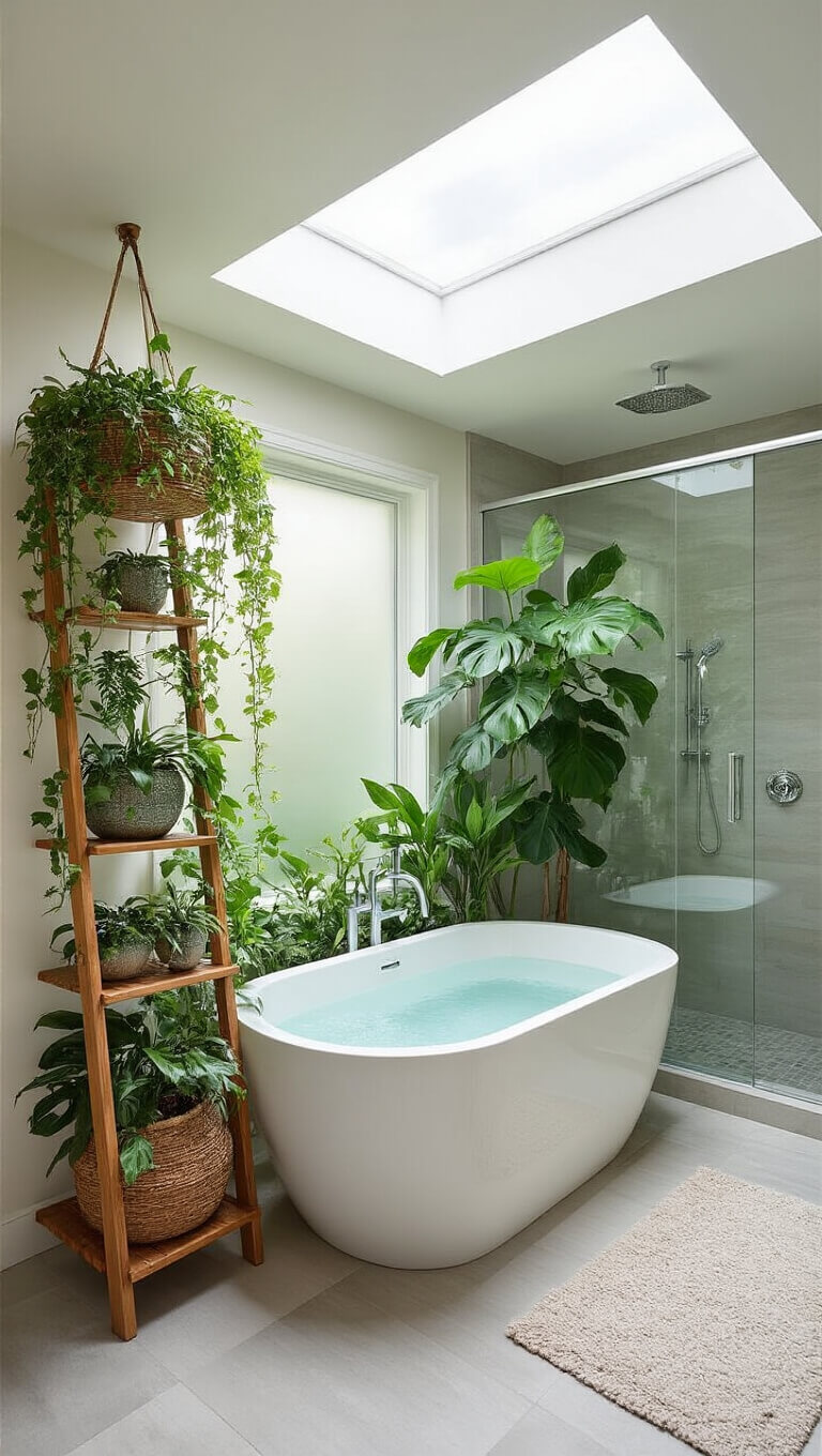 Wide-angle view of a serene, spa-like master bathroom with a central freestanding tub surrounded by river rocks and tropical plants, including a large monstera near a frameless glass rain shower; soft skylight illumination highlights white and green tones, warm wood accents, and stone tile textures.
