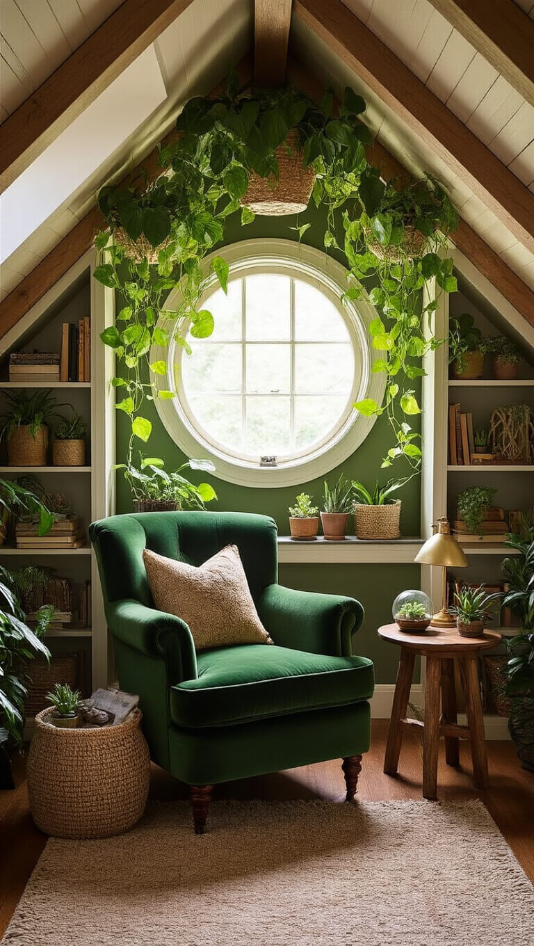 Cozy attic reading nook with a green velvet armchair under cascading hanging plants, warm light from a round window, vintage side table with lamp and terrarium, built-in bookshelves, and earthy decor.