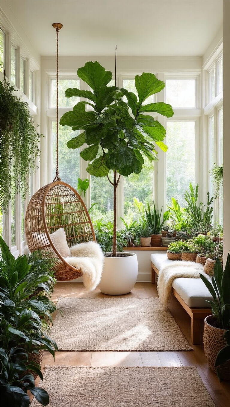 Sunroom with floor-to-ceiling windows, filled with lush plants, a central fiddle leaf fig in a white planter, rattan hanging chair with sheepskin, bench with succulents, and a circular jute rug, all bathed in natural morning light.