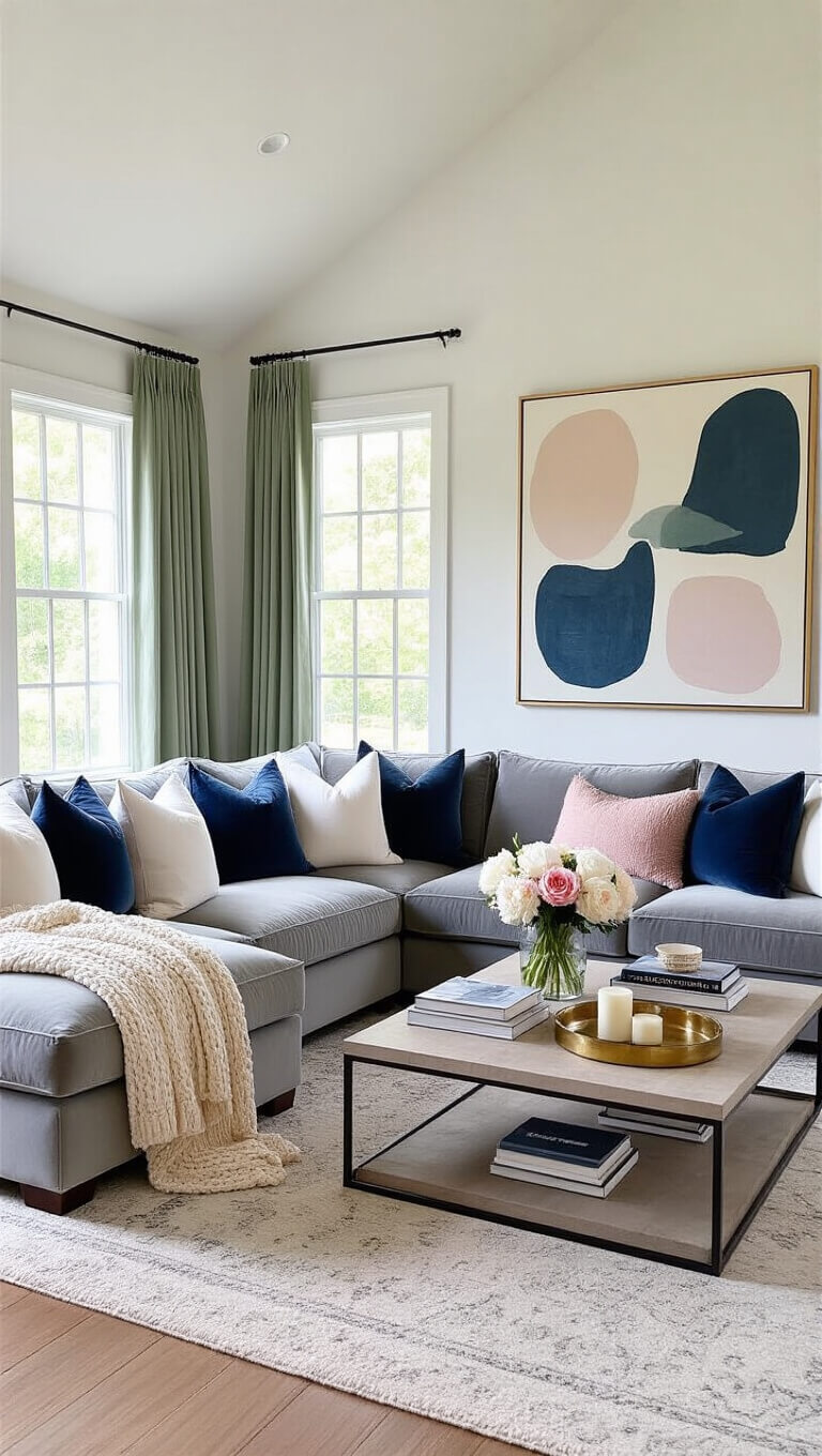 Sunlit living room with vaulted ceilings, featuring a grey velvet sectional with colorful pillows, chunky knit throw, and styled coffee table; sage curtains, abstract artwork, and soft rug enhance the airy, welcoming space.