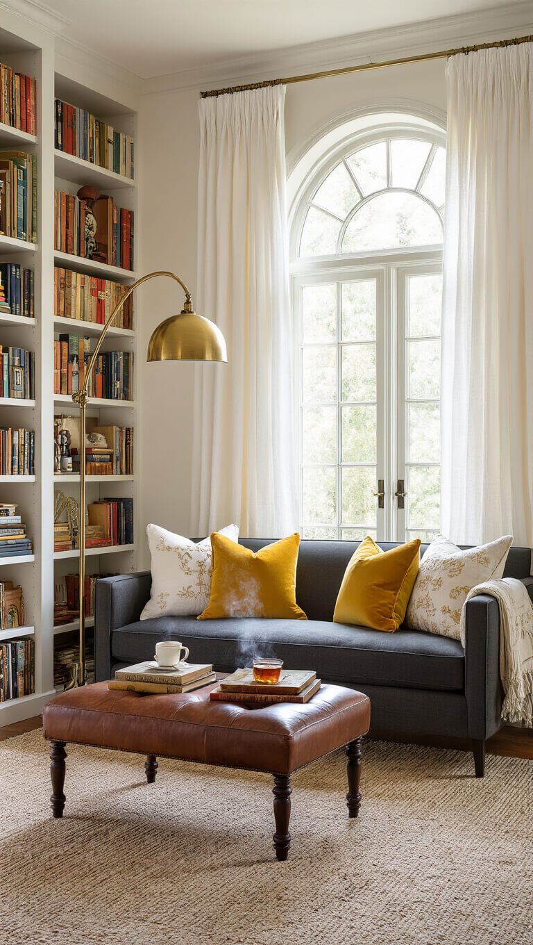 Cozy reading nook with charcoal grey loveseat, mustard and white pillows, leather ottoman with books and tea, floor-to-ceiling bookshelf, and golden afternoon light streaming through sheer curtains.
