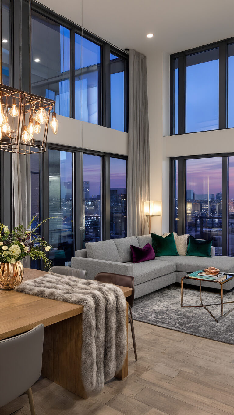 Modern open-concept living and dining space with grey sectional, jewel-toned accents, wooden dining table, metallic decor, and cityscape view at dusk.