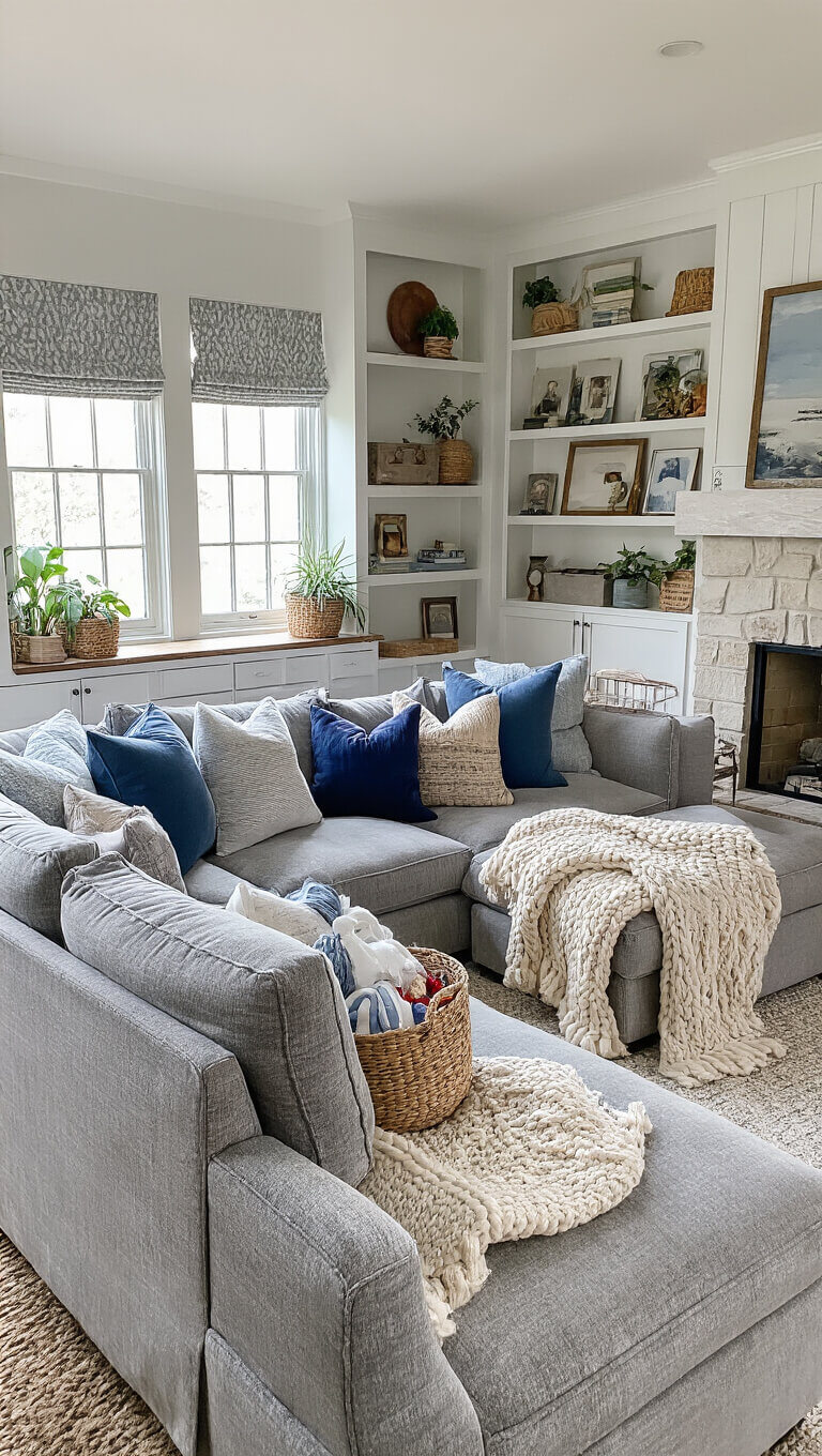 Cozy family room with grey sectional, blue pillows, fireplace, bookshelves, and soft lighting on a rainy afternoon.