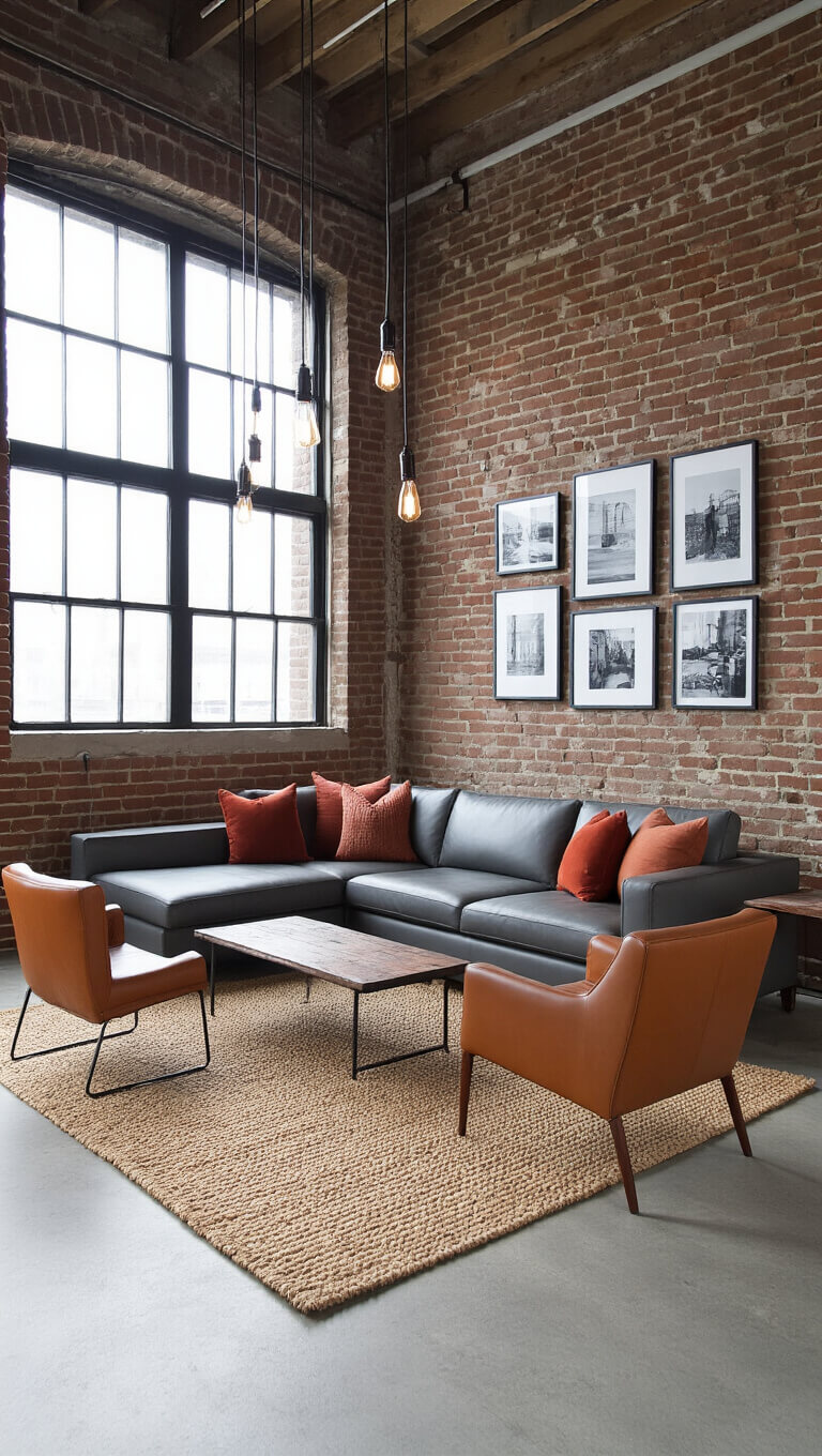 Minimalist loft living room with grey leather sectional, cognac armchairs, jute rug, gallery wall, and large industrial windows flooding the space with natural light.
