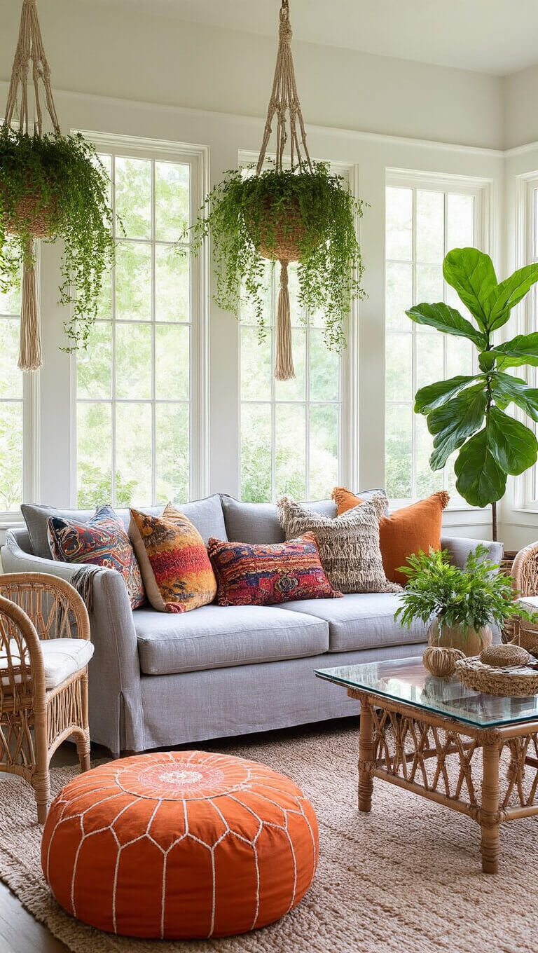 Bohemian sunroom with grey loveseat, colorful pillows, Moroccan pouf, rattan chairs, hanging plants, and vintage Persian rug in soft morning light.
