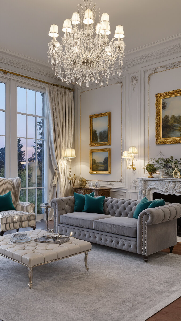 Elegant formal living room at twilight with grey Chesterfield sofa, striped wingback chairs, gold accents, crystal chandelier, marble fireplace, and ornate decor in soft, dim lighting.