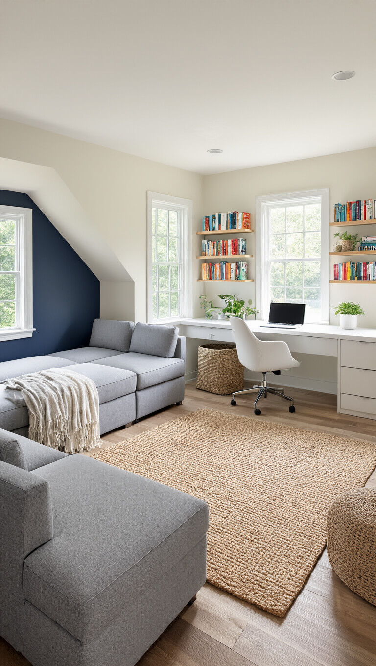 Bright, multifunctional bonus room with bay windows, modular grey sectional, white home office desk, floating shelves, navy accent wall, jute rug, and layered lighting.