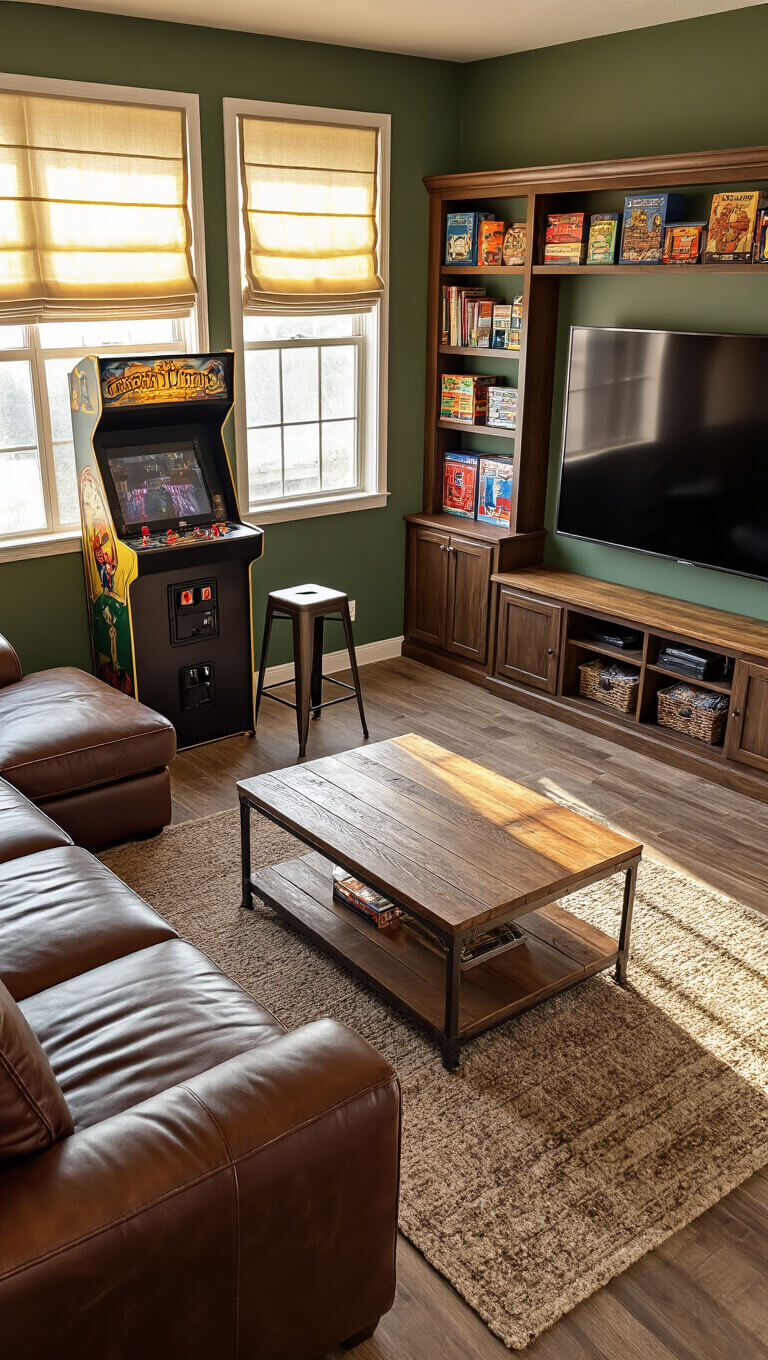 Cozy game room with leather sectional, 65" TV, rustic coffee table, built-in board game shelves, wet bar with stools, and vintage arcade cabinet in warm earth tones and afternoon sunlight.