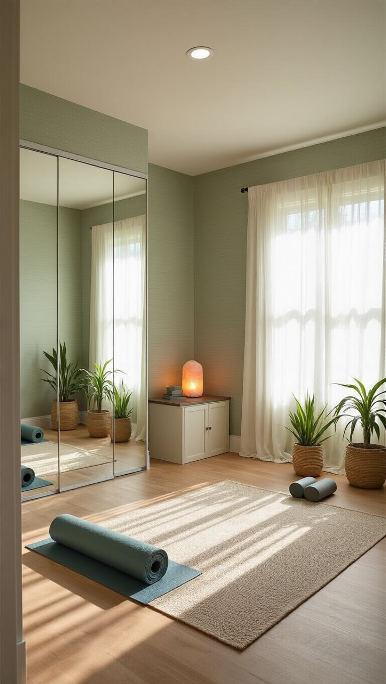 Serene home yoga studio with mirrored wall, soft sage wallpaper, light wood floors, morning light, and calming natural decor.