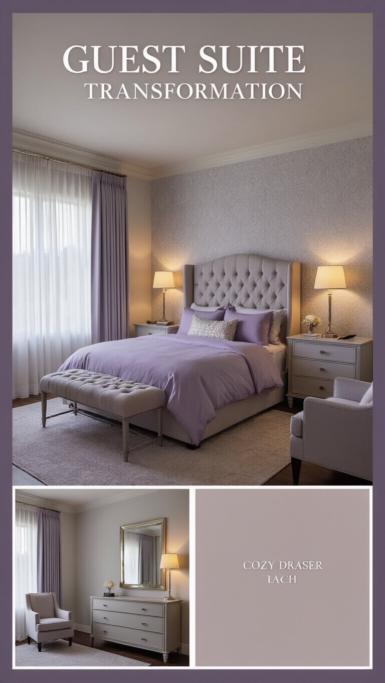 Elegant 16x14 ft guest suite with queen bed, warm lighting, soft grey and lavender decor, writing desk, reading nook, and textured accent wall viewed from doorway.