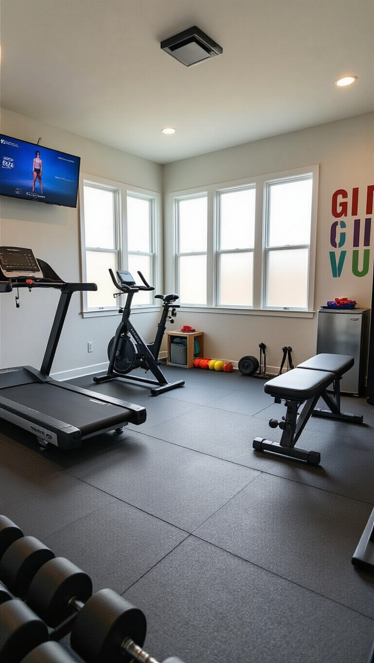 Modern home gym in an 18x20 ft bonus room with mirrored wall, frosted windows, cardio machines, weight area, stretching zone, and sleek storage features.