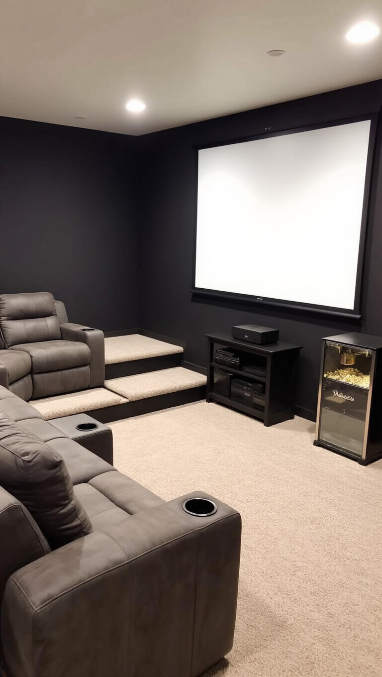 Cozy dark home theater with projection screen, plush sectional seating, tiered platforms, LED lighting, and a wet bar with popcorn machine.