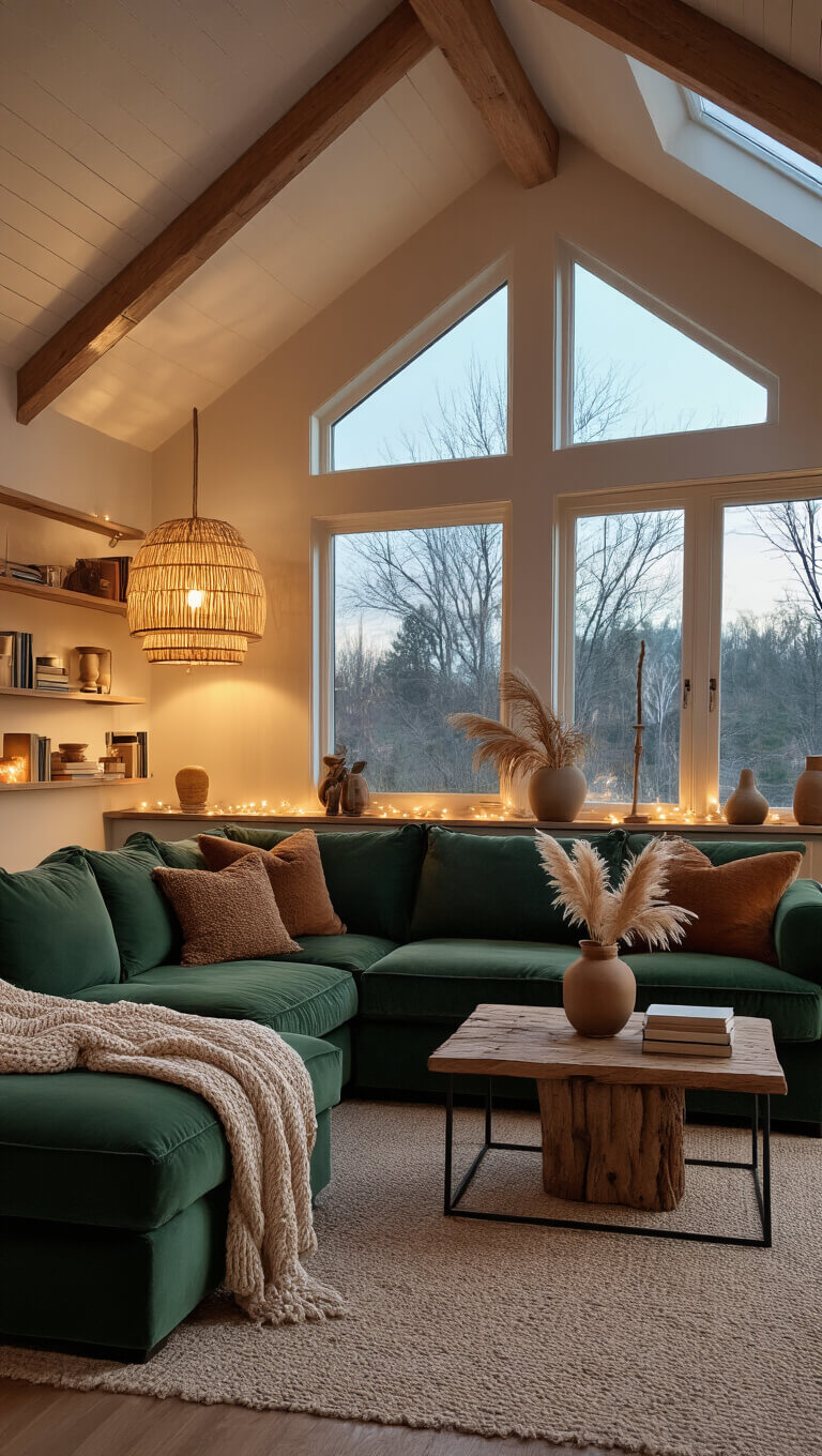 Cozy living room at dusk with vaulted ceilings, exposed wooden beams, warm layered lighting, a forest green velvet sectional, rustic wood coffee table, and earthy decor accents.