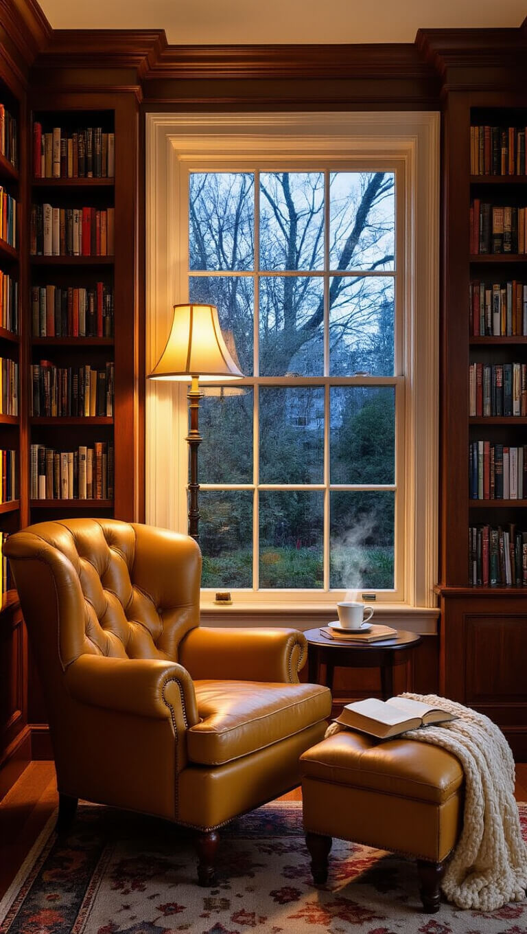 Cozy reading nook with leather armchair, ottoman, and mahogany bookshelves, bathed in warm golden light near a bay window overlooking a twilight garden.