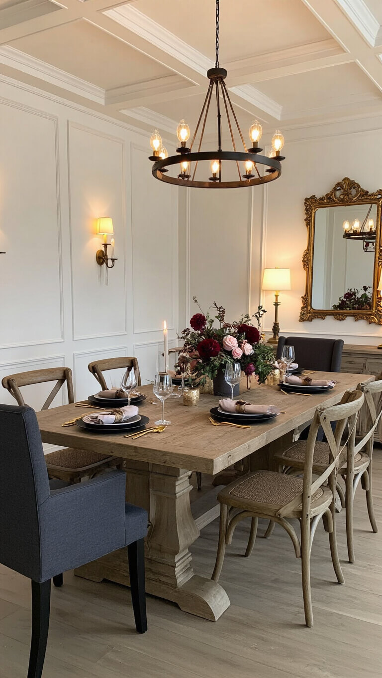 Elegant evening dining room with coffered ceilings, deep blue walls, rustic wood table set for eight, warm chandelier and sconces, and floral centerpiece.