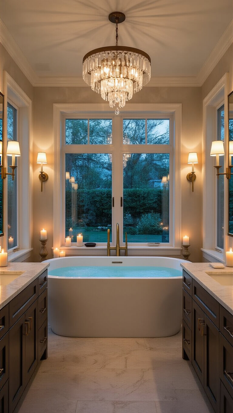 Luxurious spa-like bathroom at dusk with freestanding tub by a large window, soft lighting from a crystal chandelier and sconces, marble double vanity, candles, and elegant decor.