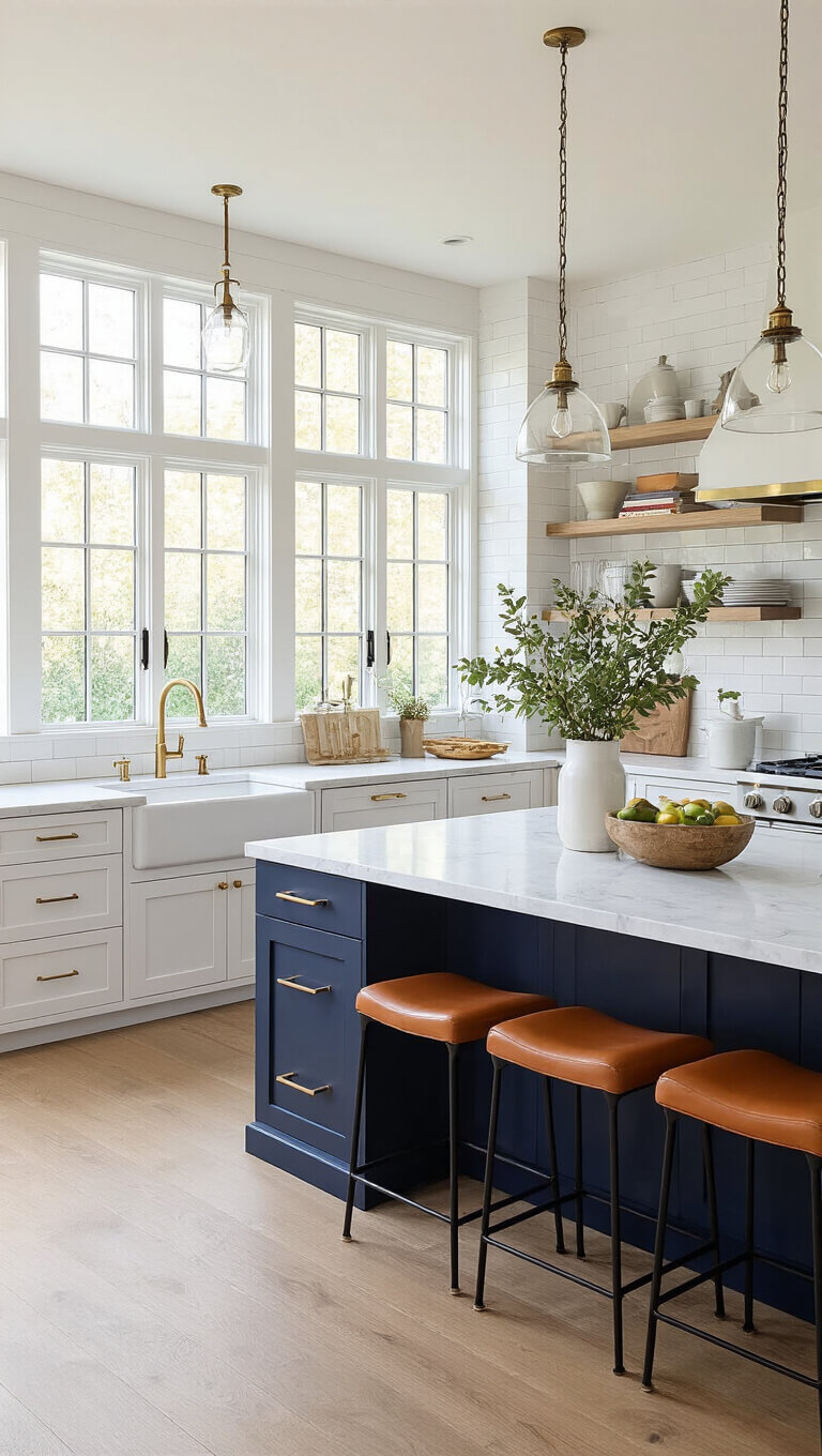 Open-concept kitchen and dining area bathed in afternoon sunlight, featuring white cabinets, navy island with marble countertop, pendant lights, farmhouse dining table with pastel chairs, and large west-facing windows with plants.