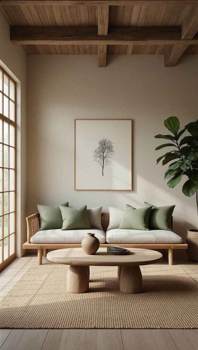 Wabi Sabi Japandi living room with wooden beams, low sofa, jute rug, ceramic decor, and fiddle leaf fig in soft morning light