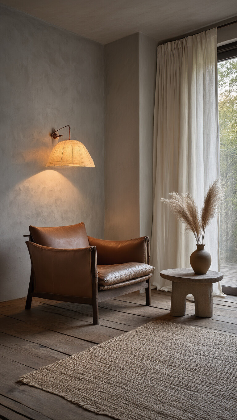 A cozy Wabi Sabi Japandi living room nook at dusk with a low leather armchair, ceramic side table, dried pampas grass, and soft lighting highlighting textured plaster walls and sheer linen curtains.