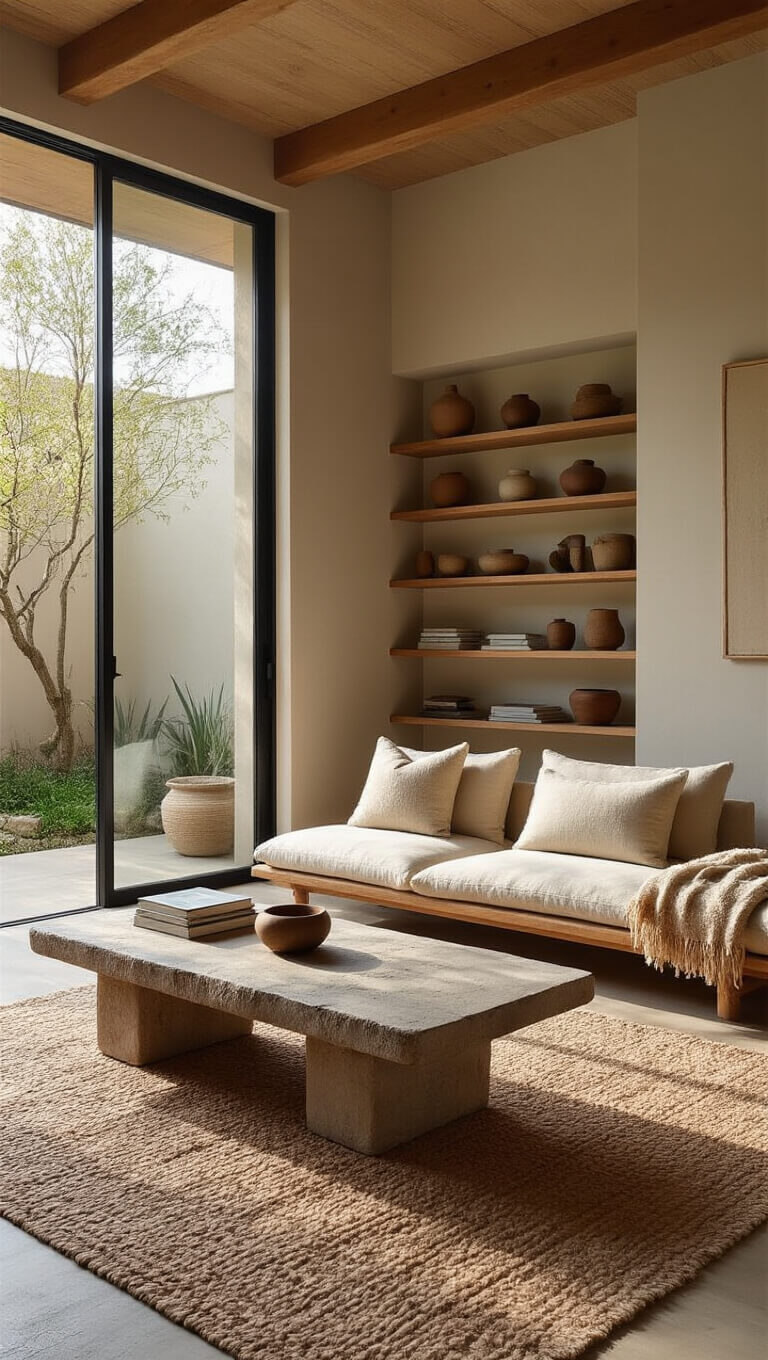 Wabi Sabi Japandi living room bathed in late afternoon sunlight, featuring a beige linen sofa, stone coffee table, wooden bookshelf with ceramics, and a view of a zen garden through large sliding glass doors.