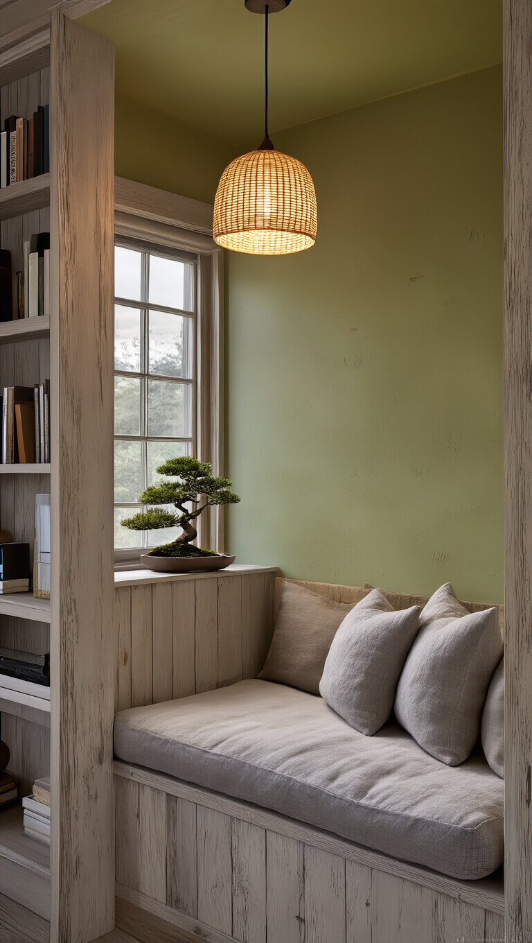 Cozy Japandi reading nook with weathered wood window seat, linen cushions, ceramic pendant light, green limewashed walls, bonsai on windowsill, and floor-to-ceiling bookshelf.