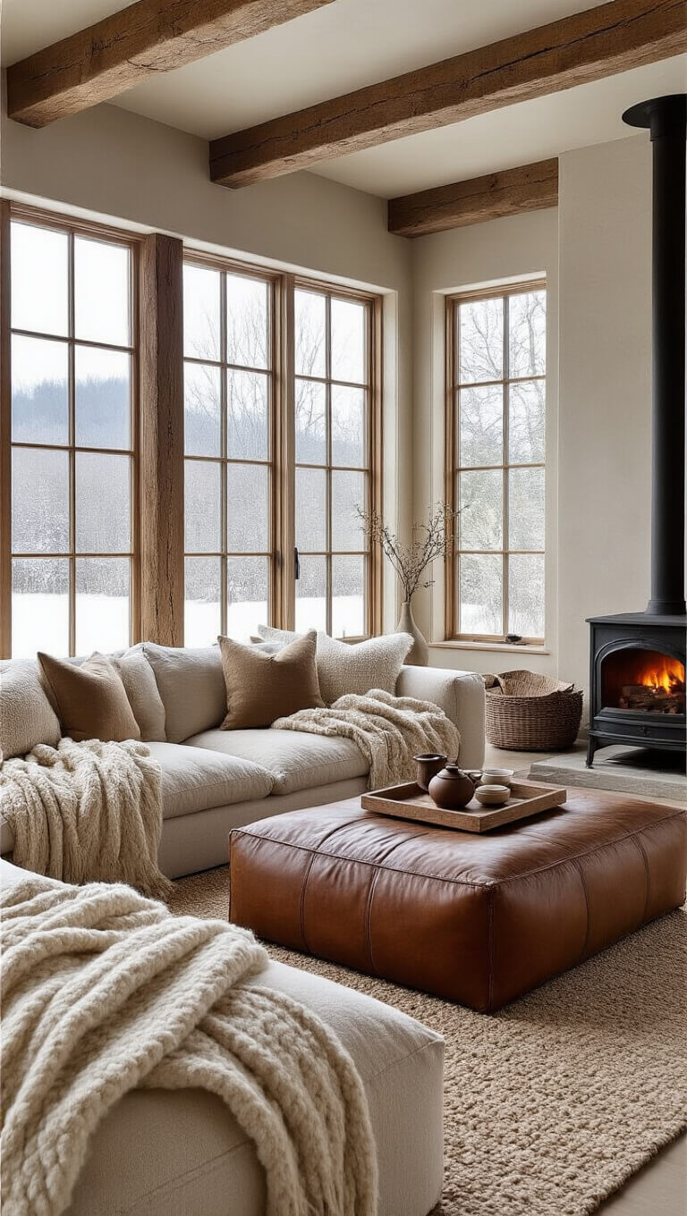 Wabi Sabi Japandi winter living room with exposed beams, cozy oatmeal bouclé sofa, leather ottoman coffee table, wood stove, and snowy view through large windows.