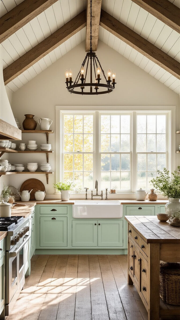 Wide-angle view of a sunlit farmhouse kitchen with vaulted ceilings, exposed beams, mint cabinets, reclaimed wood island, and antique ceramic decor on open shelves.