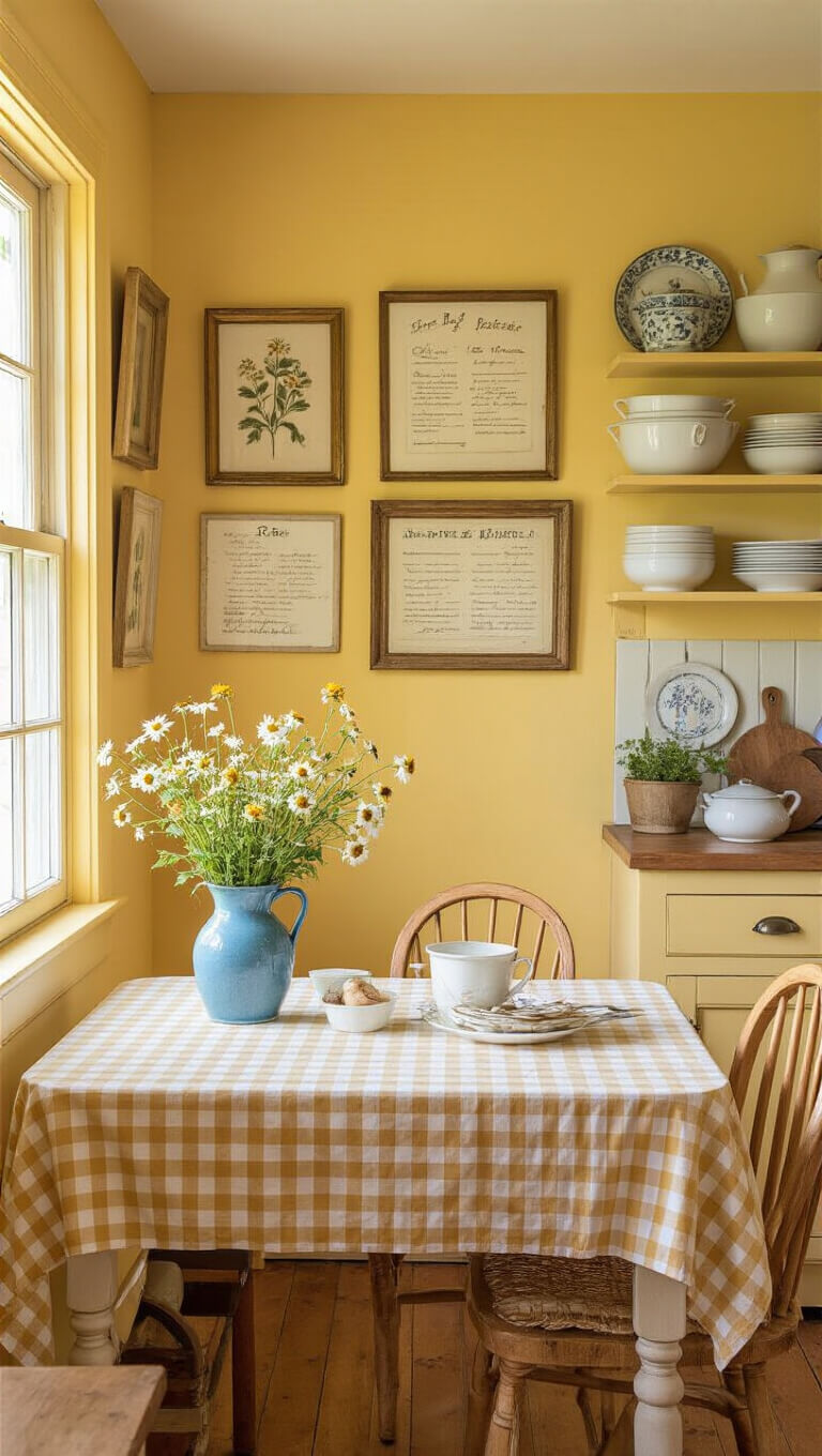 Cozy cottage kitchen with butter yellow walls, vintage wall art, antique dining table with gingham tablecloth and wildflowers, and open shelves displaying pastel glassware and white dishes in warm golden hour light.