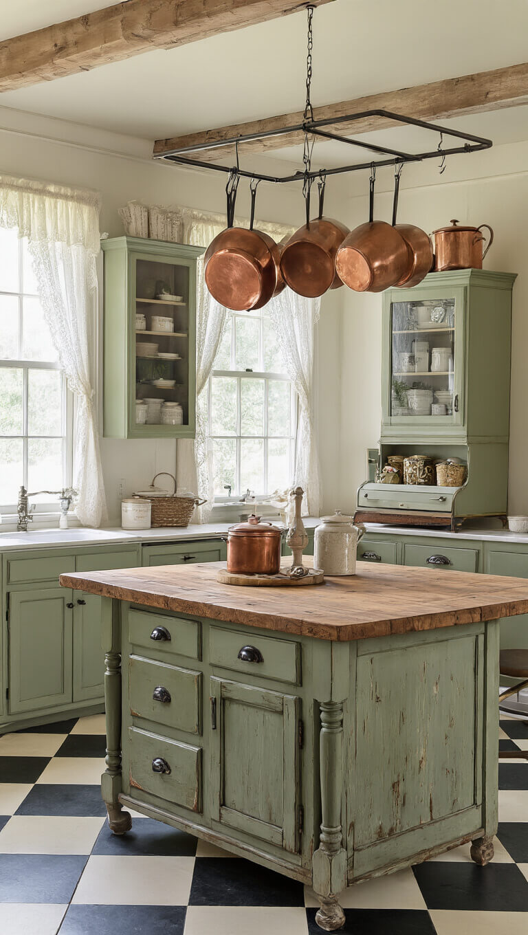 Bird's-eye view of a spacious country kitchen with a barnwood island, sage green cabinets, lace-curtained windows, copper pots, and a vintage Hoosier cabinet on a black and white checkerboard floor.