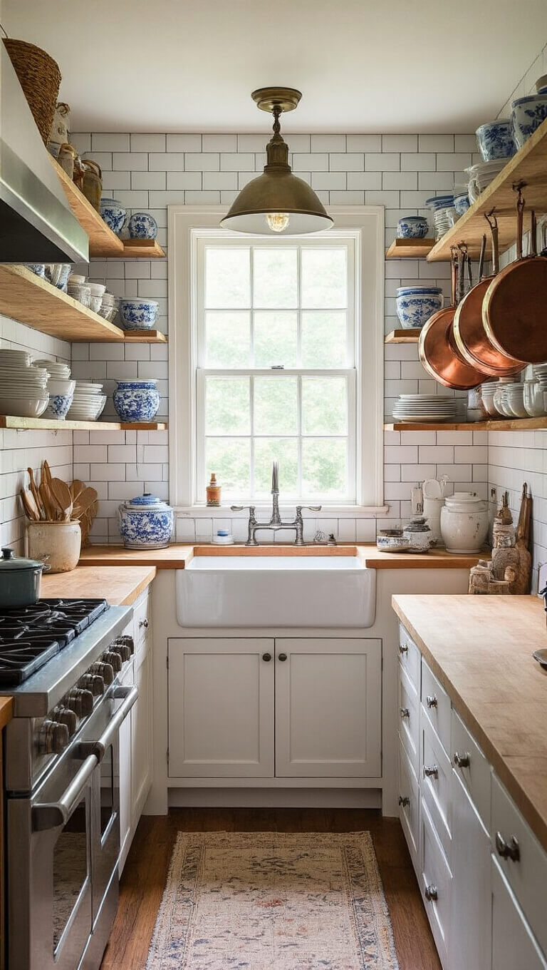 Vintage-style galley kitchen with open shelving, blue and white transferware, butcher block countertops, copper pots, and subway tile backsplash.